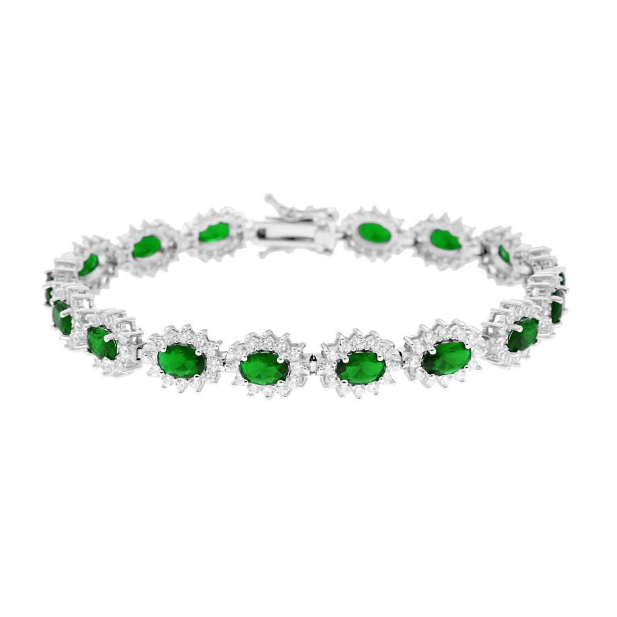 Bracciale Tennis cm 18 Ovali Verde Smeraldo contornati da Cubic Zirconia Bianchi in ARGENTO 925 Galvanica Rodio
