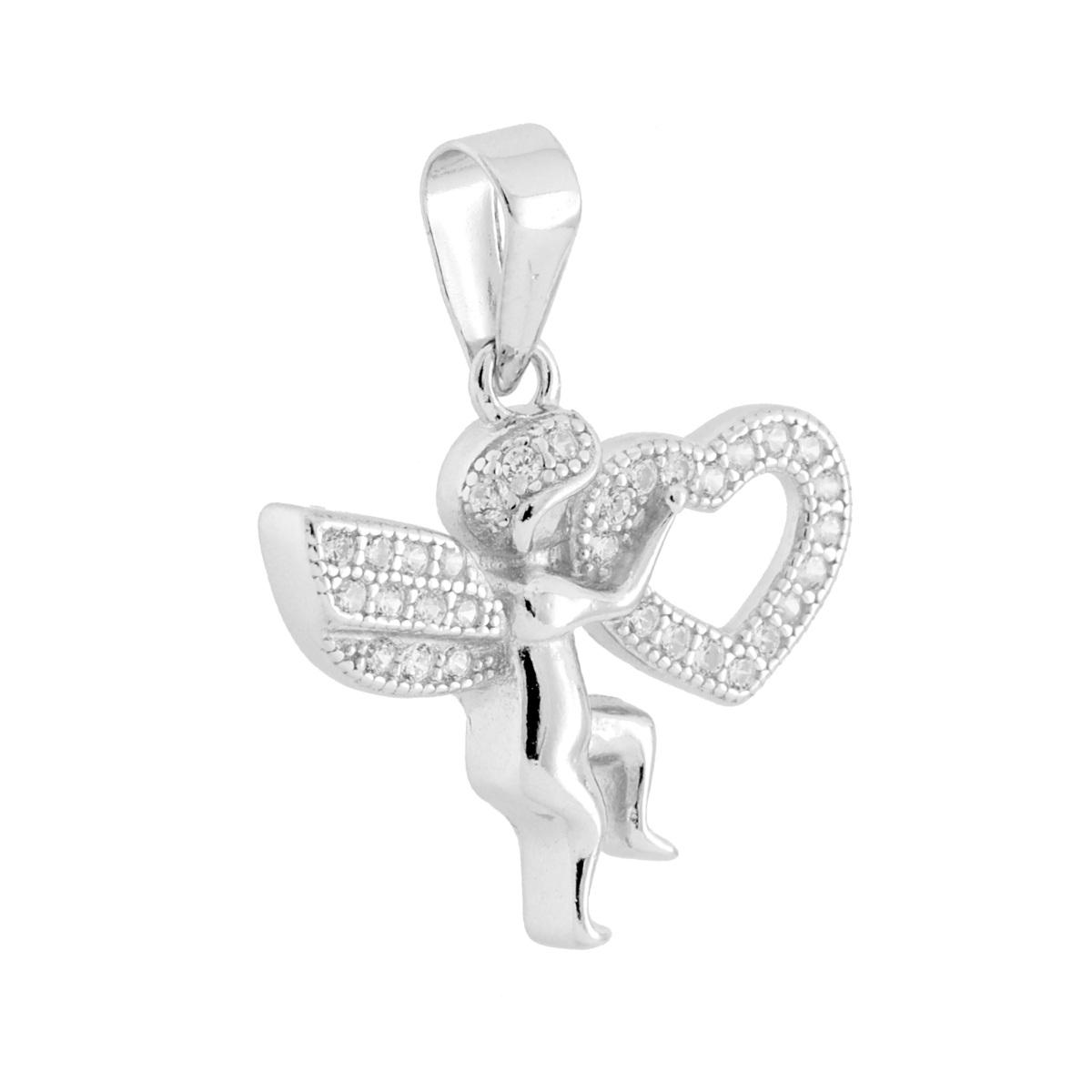 Ciondolo Angelo e Cuore con Cubic Zirconia Bianchi in ARGENTO 925 Galvanica Rodio