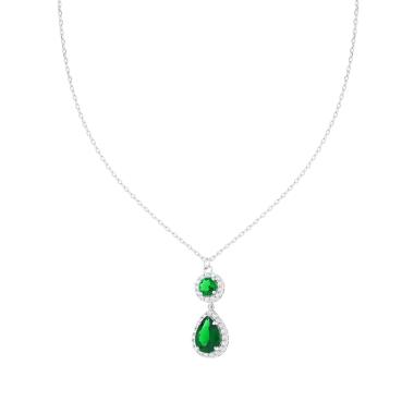 Collana Catena Forzatina Diamantata Goccia Verde Smeraldo contornata da Cubic Zirconia Bianchi in ARGENTO 925 Galvanica Rodio