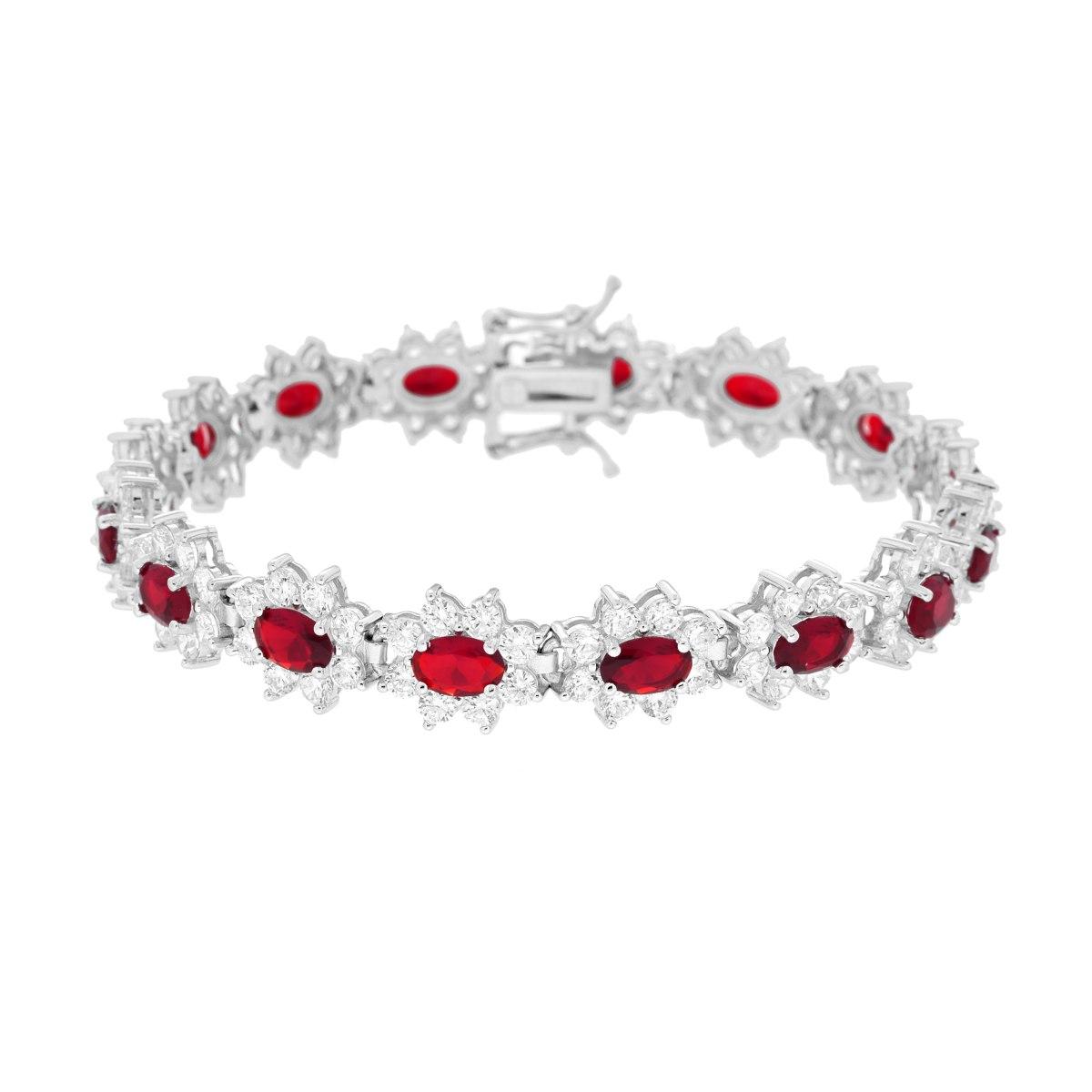 Bracciale Tennis cm 18 Ovali Rosso Rubino contornati da Cubic Zirconia Bianchi in ARGENTO 925 Galvanica Rodio