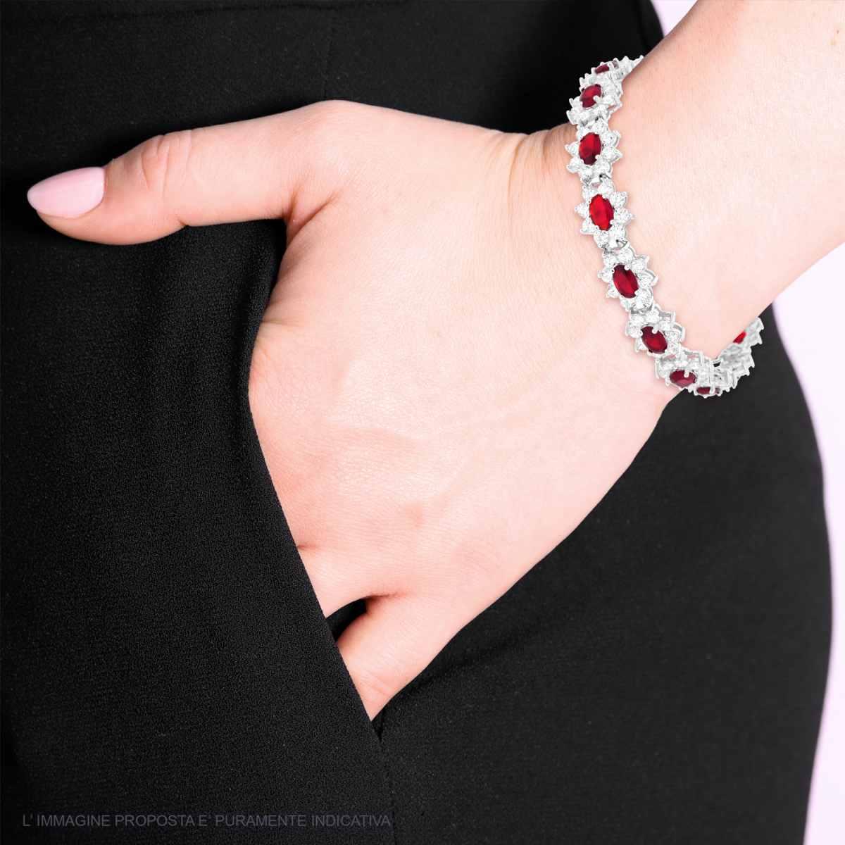 Bracciale Tennis cm 18 Ovali Rosso Rubino contornati da Cubic Zirconia Bianchi in ARGENTO 925 Galvanica Rodio