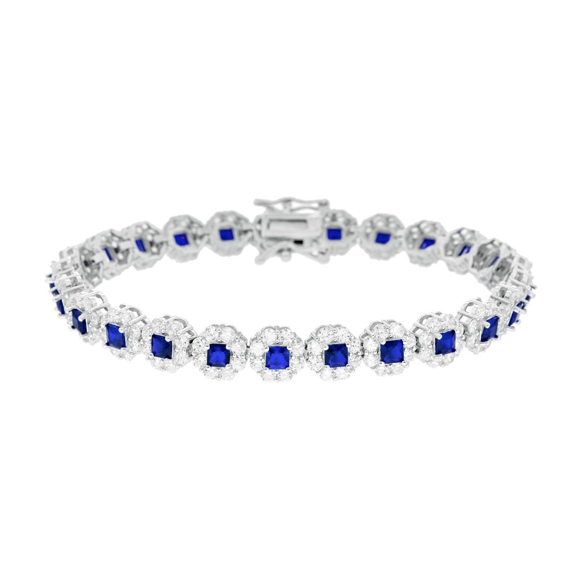 Bracciale Tennis cm 18 Fiori Blu Zaffiro Carre contornati da Cubic Zirconia Bianchi in ARGENTO 925 Galvanica Rodio