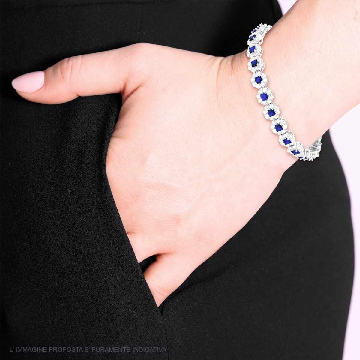 Bracciale Tennis cm 18 Fiori Blu Zaffiro Carre contornati da Cubic Zirconia Bianchi in ARGENTO 925 Galvanica Rodio