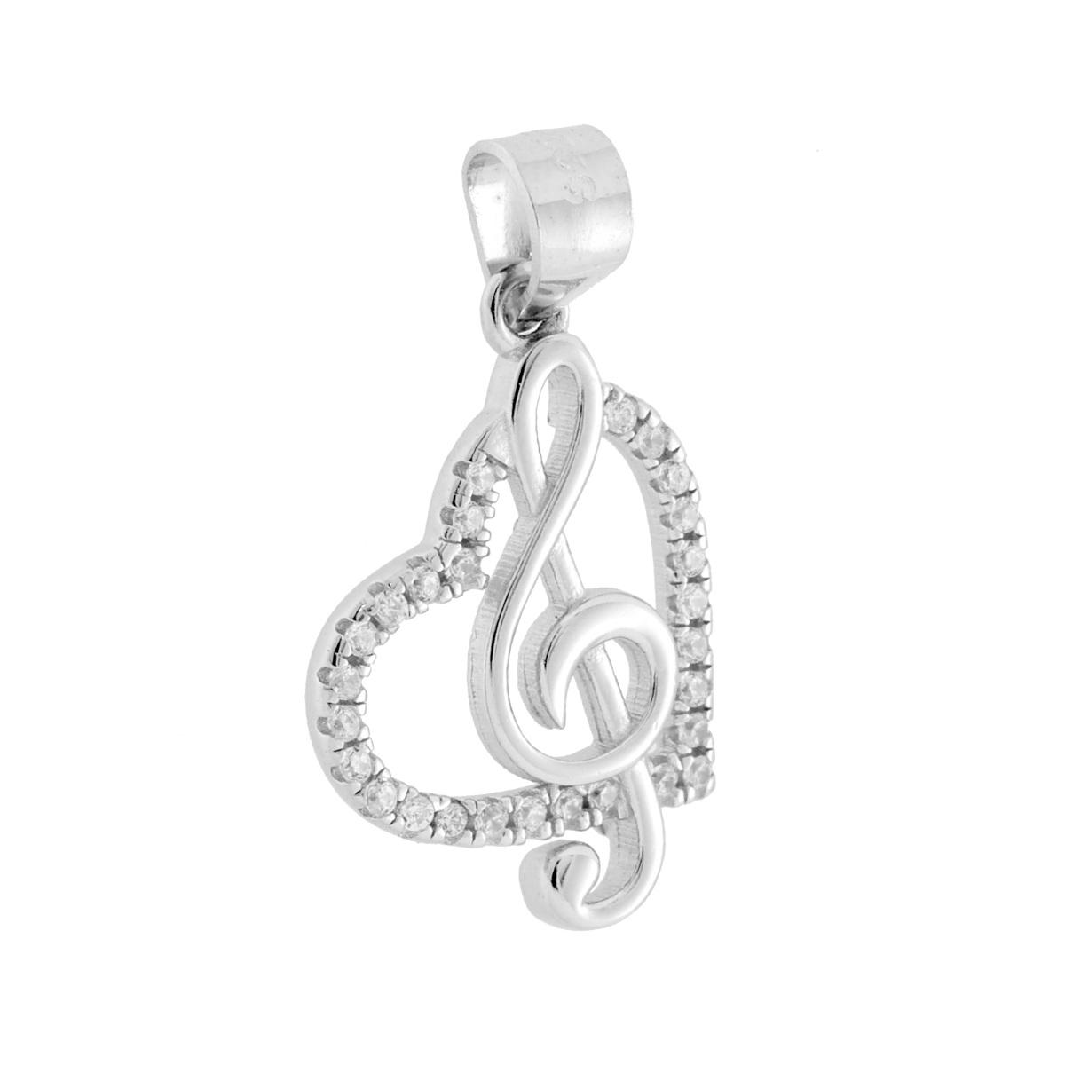 Ciondolo Cuore e Chiave di Violino con Cubic Zirconia Bianco in ARGENTO 925  Galvanica Rodio 33589