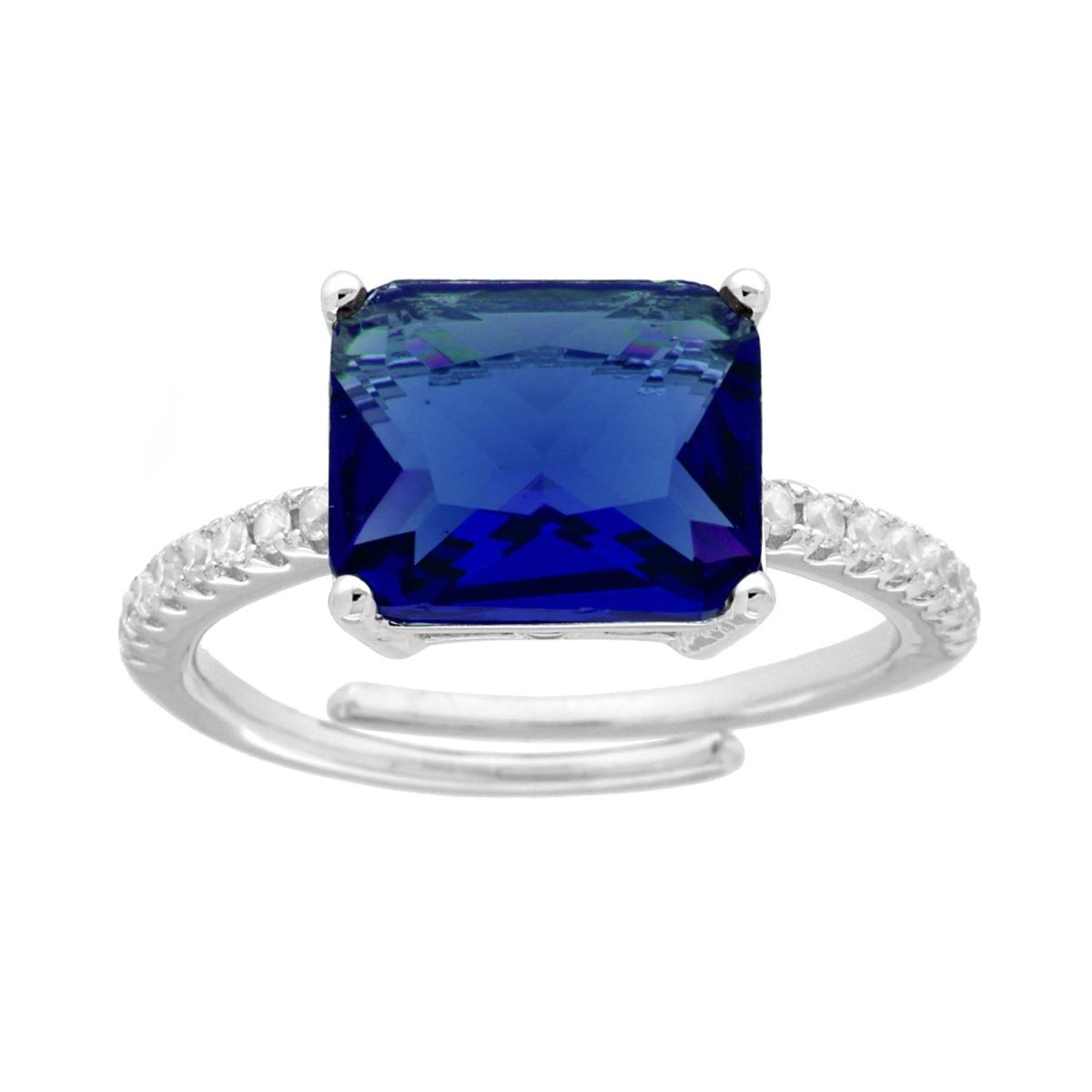 Anello Solitario Rettangolo Blu Zaffiro con Cubic Zirconia Bianchi in ARGENTO 925 Galvanica Rodio