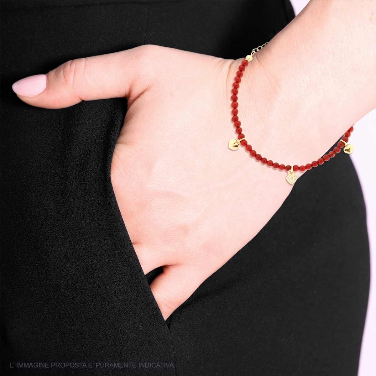 Bracciale Perline color Rosso Corallo con Cuori Bombati e Cuore con Cubic Zirconia Bianchi in ARGENTO 925 Galvanica Oro