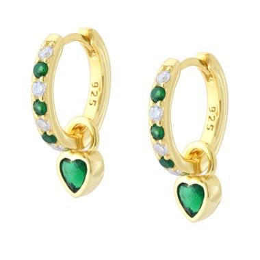 Orecchini Cerchio con Cuore pendente e Cubic Zirconia Verde Smeraldo e Bianchi in ARGENTO 925 Galvanica Oro
