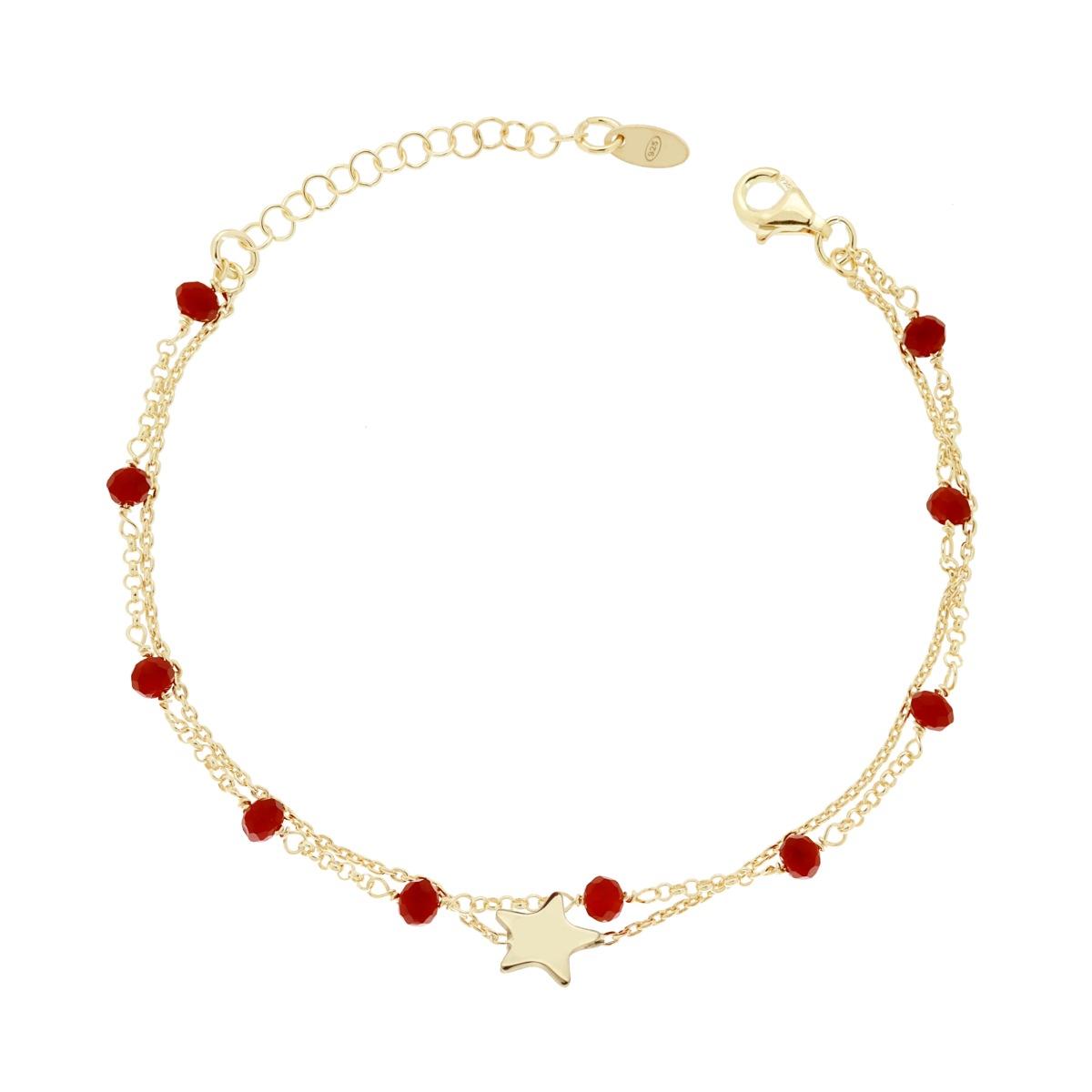 Bracciale due fili Catena Forzatina e Rolo con Stella plain e Crystal Rosso in ARGENTO 925 Galvanica Oro