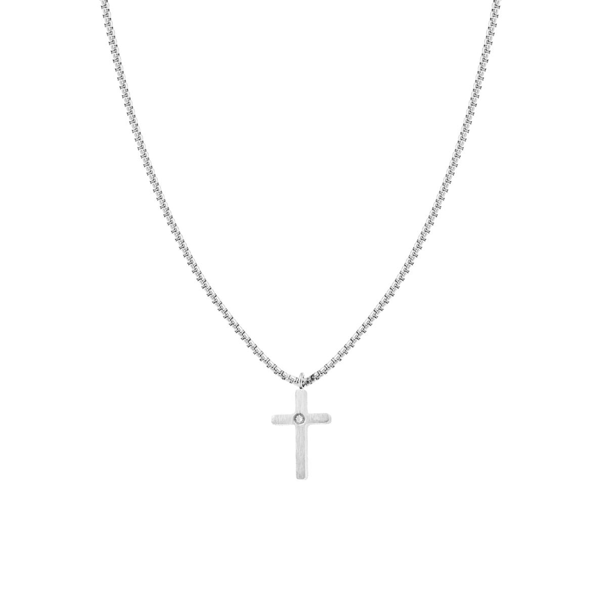 Collana Catena Veneziana Tonda con Croce e Crystal Bianco in ACCIAIO