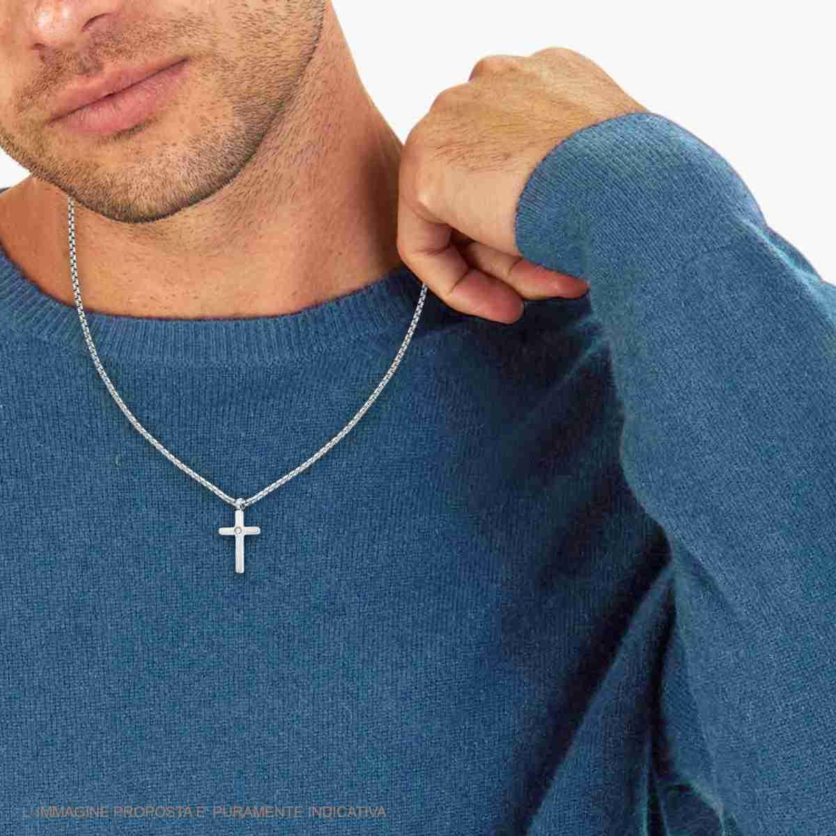 Collana Catena Veneziana Tonda con Croce e Crystal Bianco in ACCIAIO