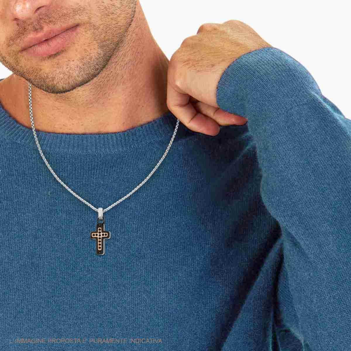 Collana Catena Veneziana Tonda con Croce Nero Rosa e Crystal Nero in ACCIAIO