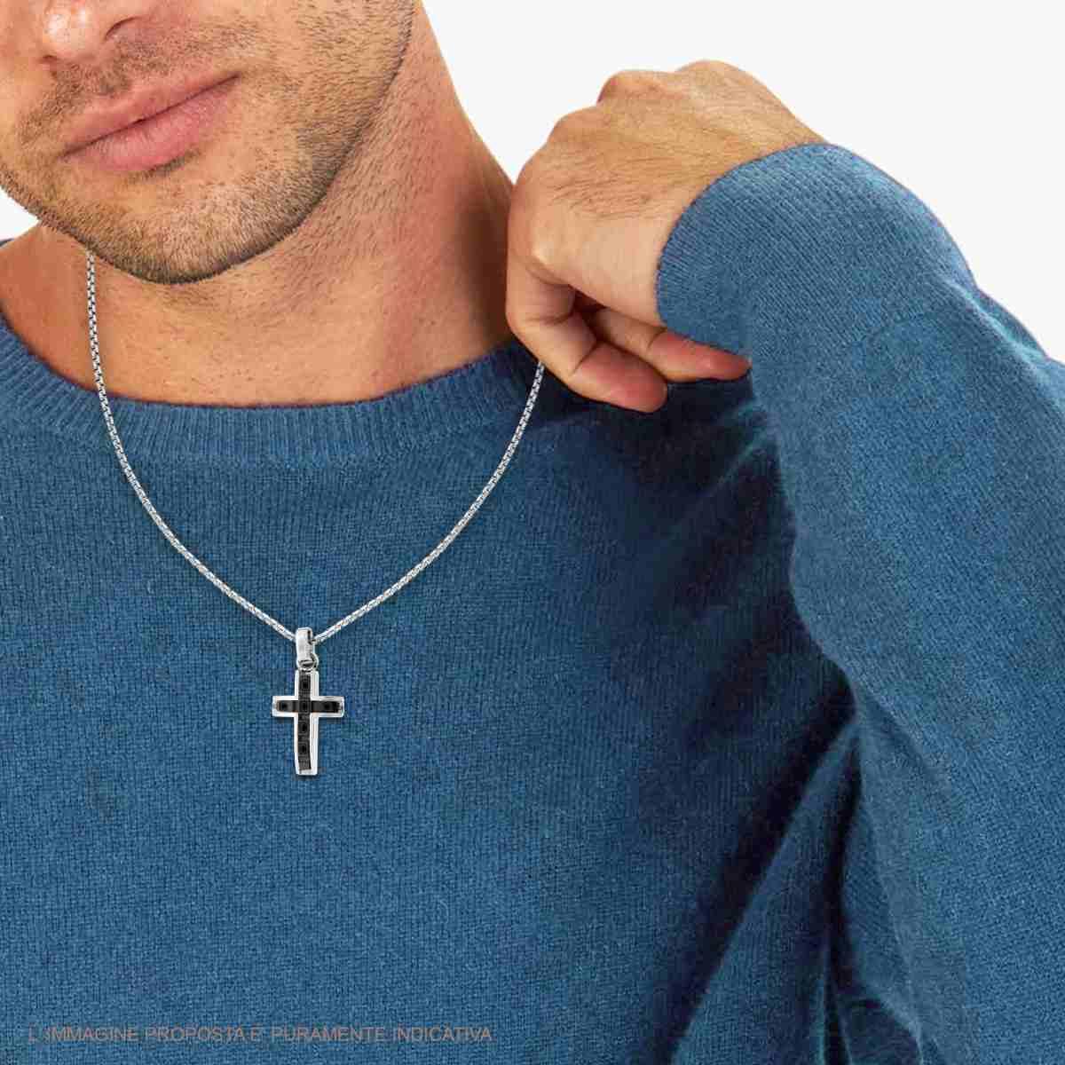 Collana Catena Veneziana Tonda con Croce e Crystal Neri in ACCIAIO