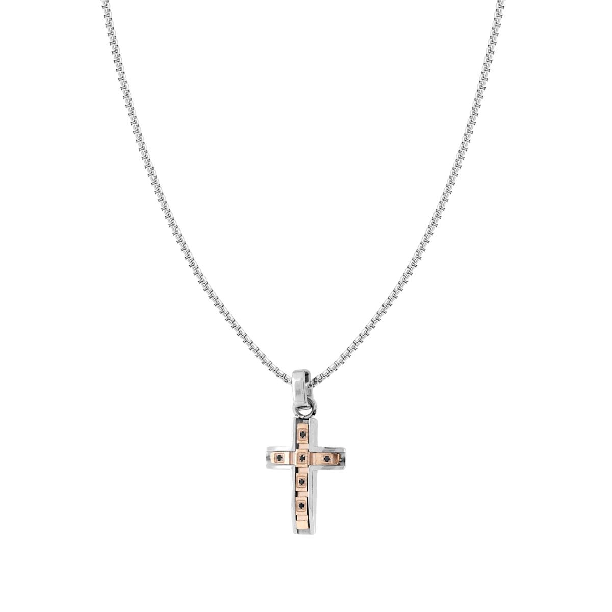 Collana Catena Veneziana Tonda con Croce Rosa e Crystal Neri in ACCIAIO