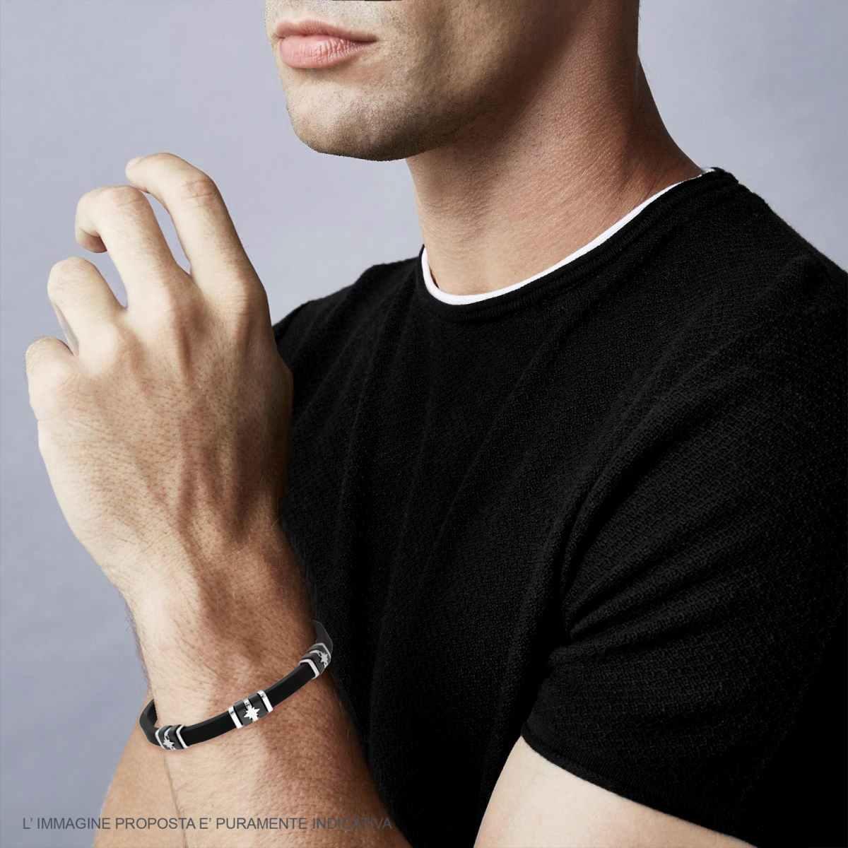 Bracciale in PVC Caucciu Nero con Rosa dei Venti e Accessori colore Nero in ACCIAIO