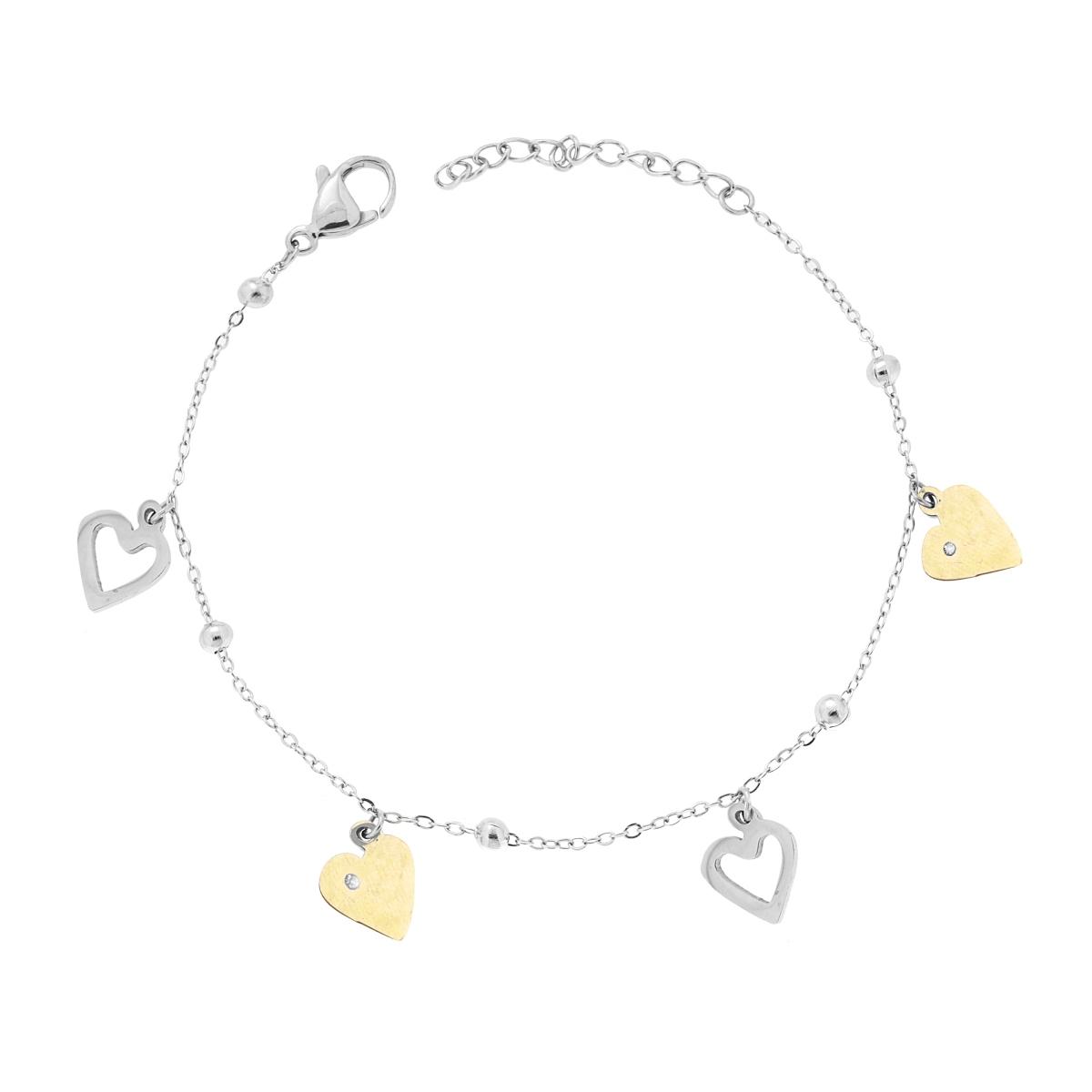 Bracciale Catena Forzatina Diamantata con Cuori traforati e plain color Oro pendenti in ACCIAIO
