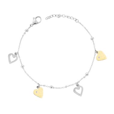 Bracciale Catena Forzatina Diamantata con Cuori traforati e plain color Oro pendenti in ACCIAIO