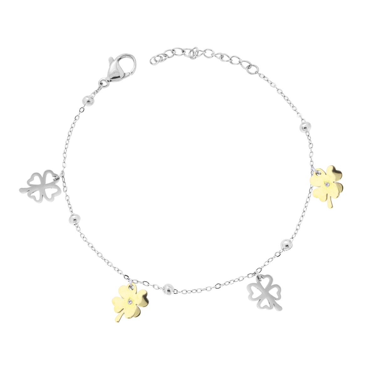 Bracciale Catena Forzatina Diamantata con Quadrifogli traforati e plain colore Oro pendenti in ACCIAIO