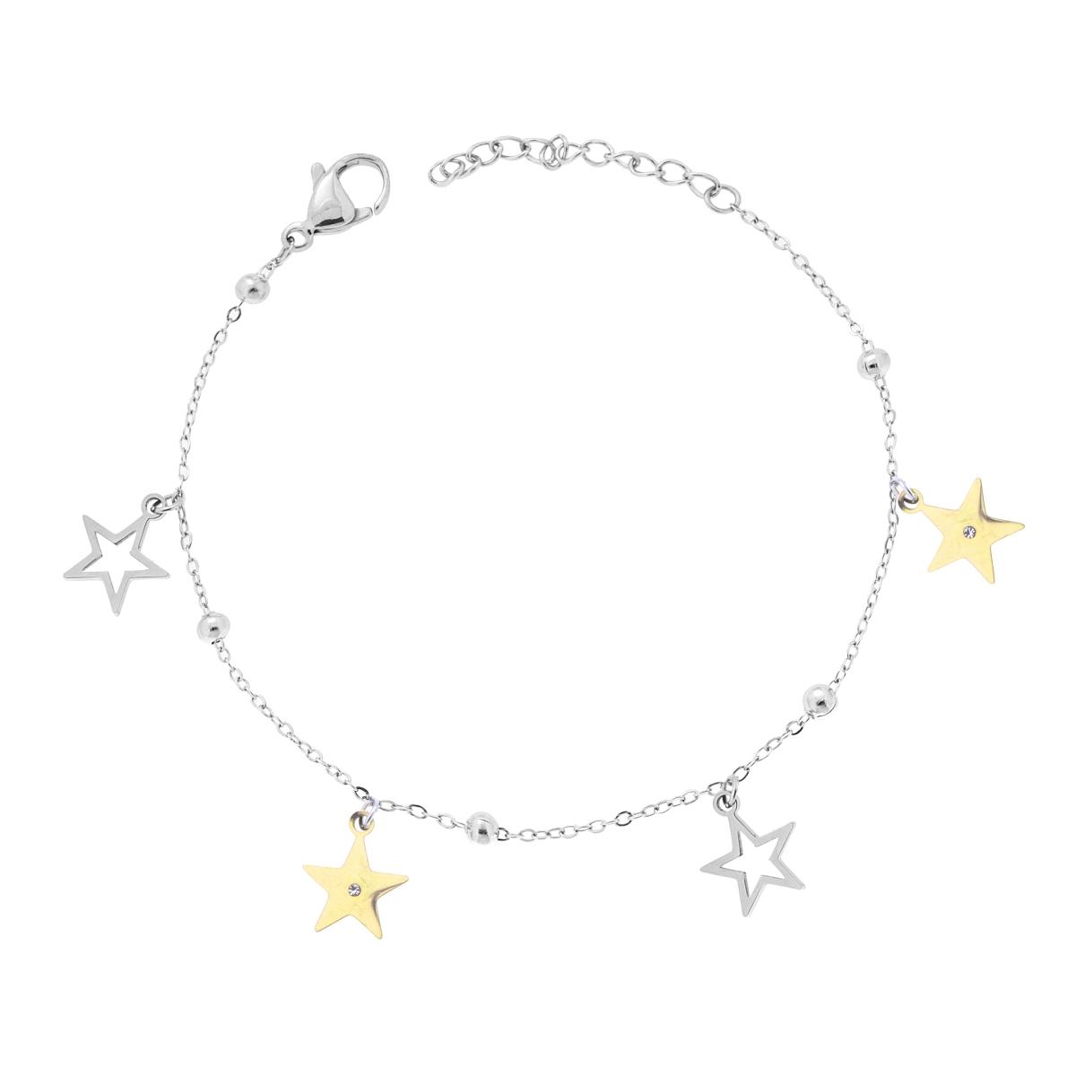 Bracciale Catena Forzatina Diamantata con Stelle traforate e plain colore Oro pendenti in ACCIAIO