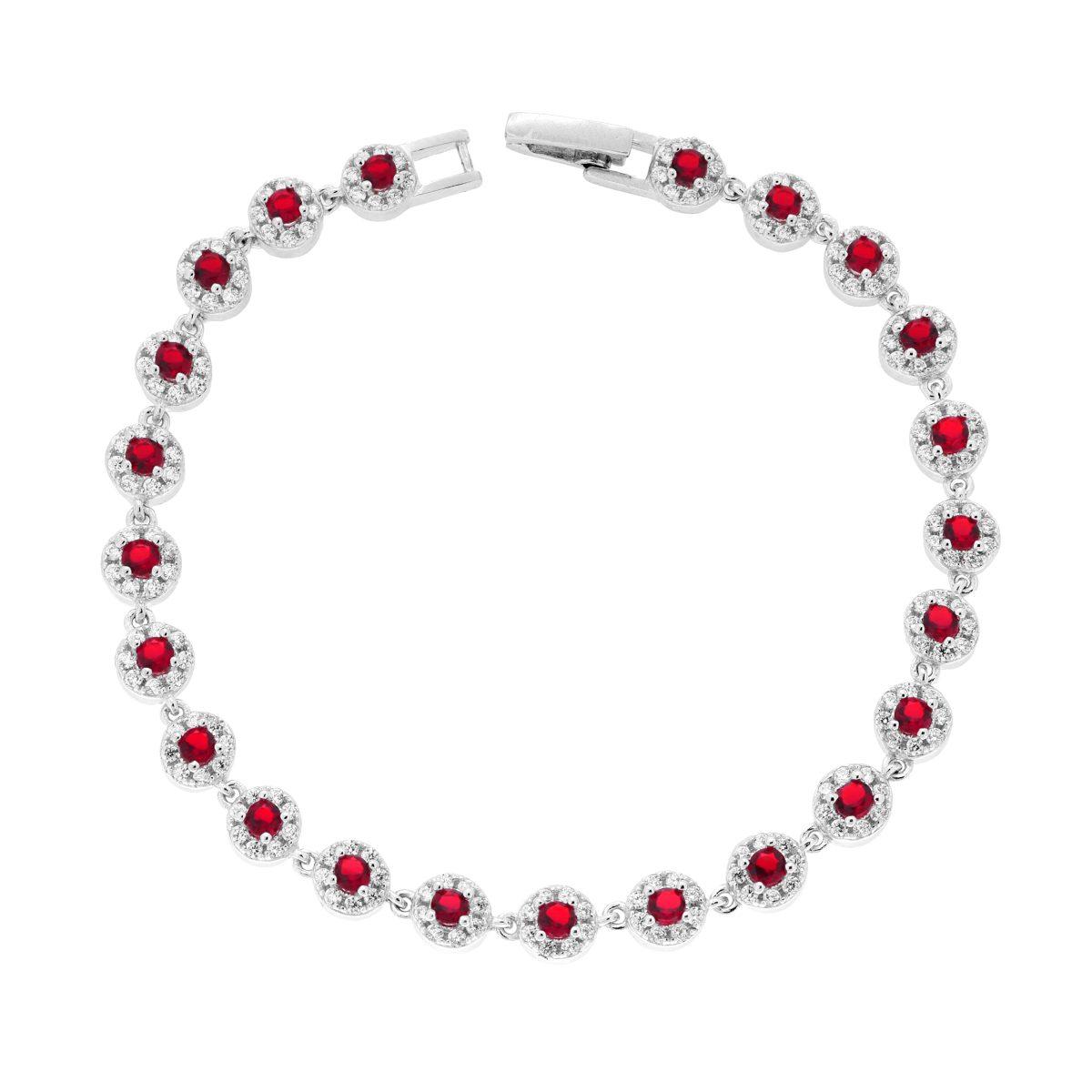 Bracciale Tennis cm 17 Fiori Tondi Rosso Rubino contornati da Cubic Zirconia Bianchi in ARGENTO 925 Galvanica Rodio