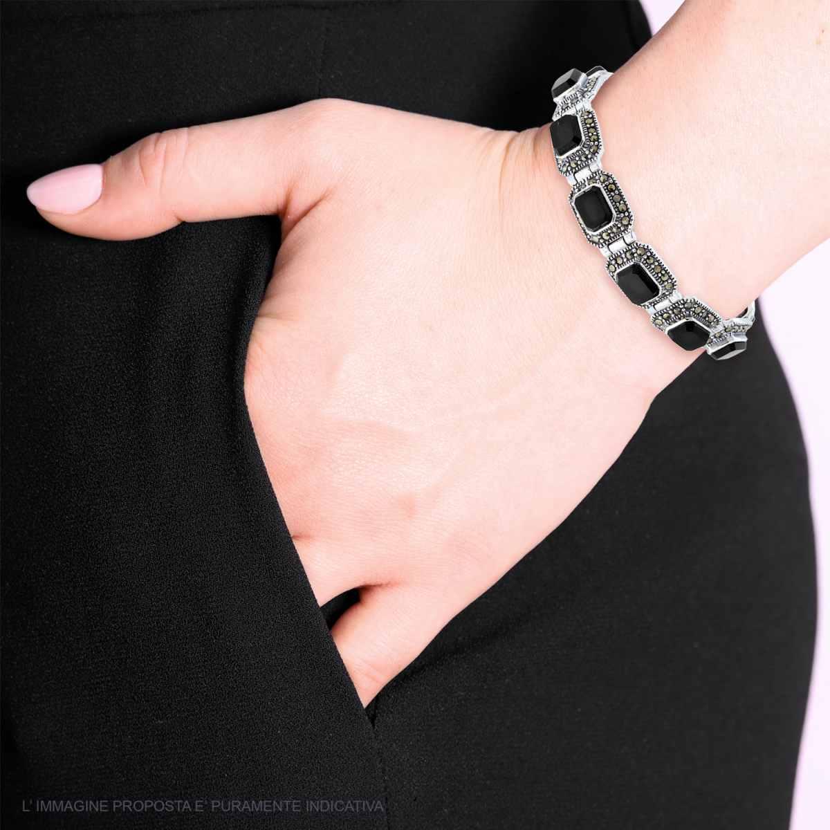 Bracciale Etnico Thailandese con Pietre Rettangolari Onice Nero e Marcassite in ARGENTO 925