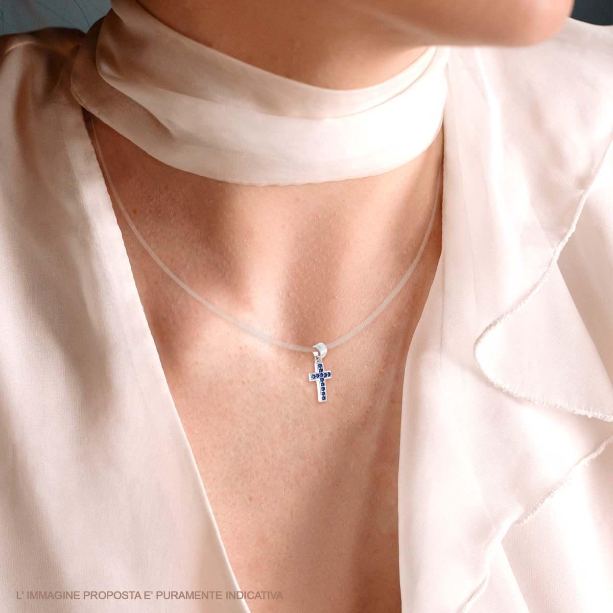 Ciondolo Croce con Cubic Zirconia Blu Zaffiro in ARGENTO 925 Galvanica Rodio