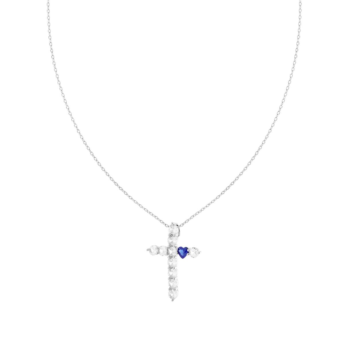 Collana catena Forzatina Diamantata con Croce Cubic Zirconia Bianchi e Cuore Blu Zaffiro in ARGENTO 925 Galvanica Rodio