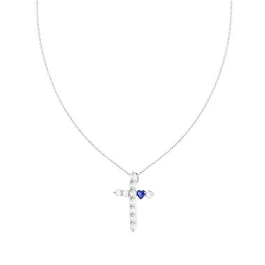 Collana catena Forzatina Diamantata con Croce Cubic Zirconia Bianchi e Cuore Blu Zaffiro in ARGENTO 925 Galvanica Rodio