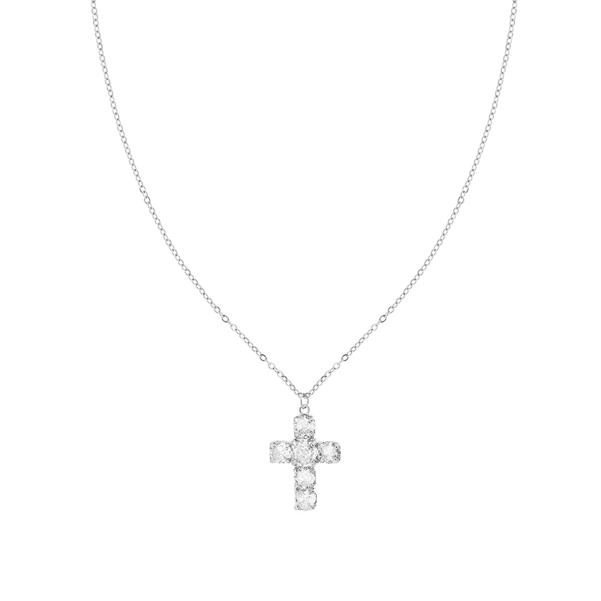 Collana Catena Forzatina Diamantata con Croce e Cubic Zirconia Bianco in ACCIAIO e OTTONE