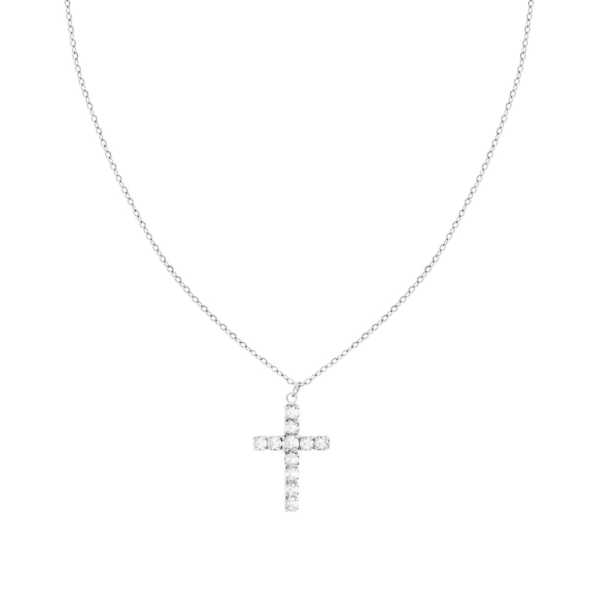 Collana Catena Forzatina Diamantata con Croce e Cubic Zirconia Bianco in ACCIAIO e OTTONE