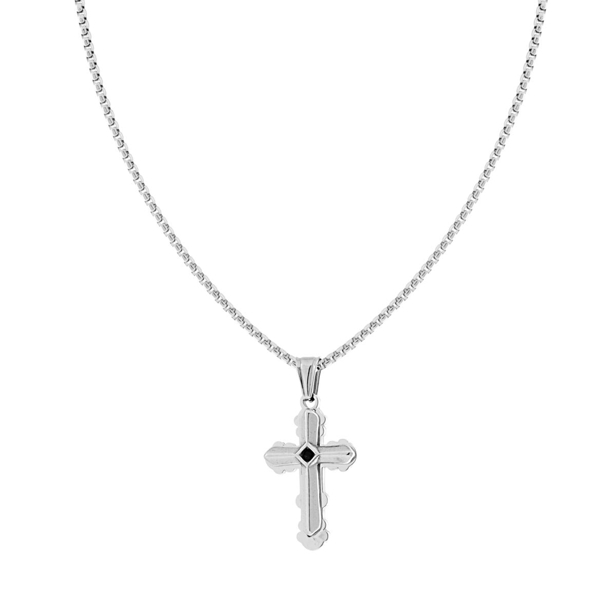 Collana Catena Veneziana Tonda con Croce con Crystal Nero in ACCIAIO