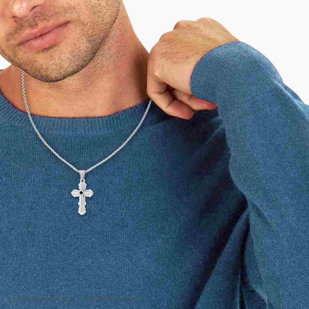 Collana Catena Veneziana Tonda con Croce con Crystal Nero in ACCIAIO