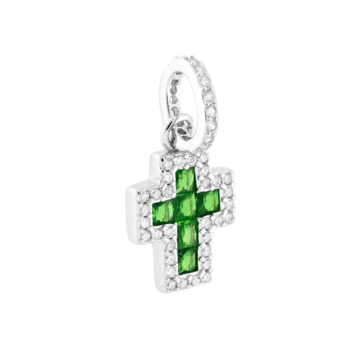 Ciondolo Croce con Cubic Zirconia Verde Smeraldo e Bianchi in ARGENTO 925 Galvanica Rodio