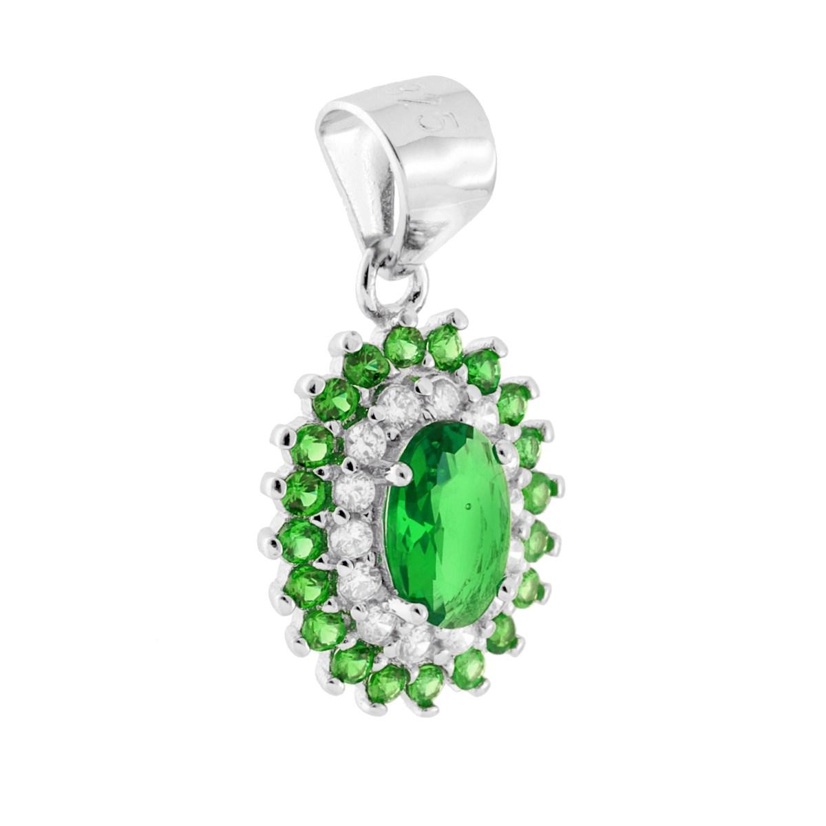 Ciondolo Ovale con Cubic Zirconia Verde Smeraldo e Bianchi in ARGENTO 925 Galvanica Rodio