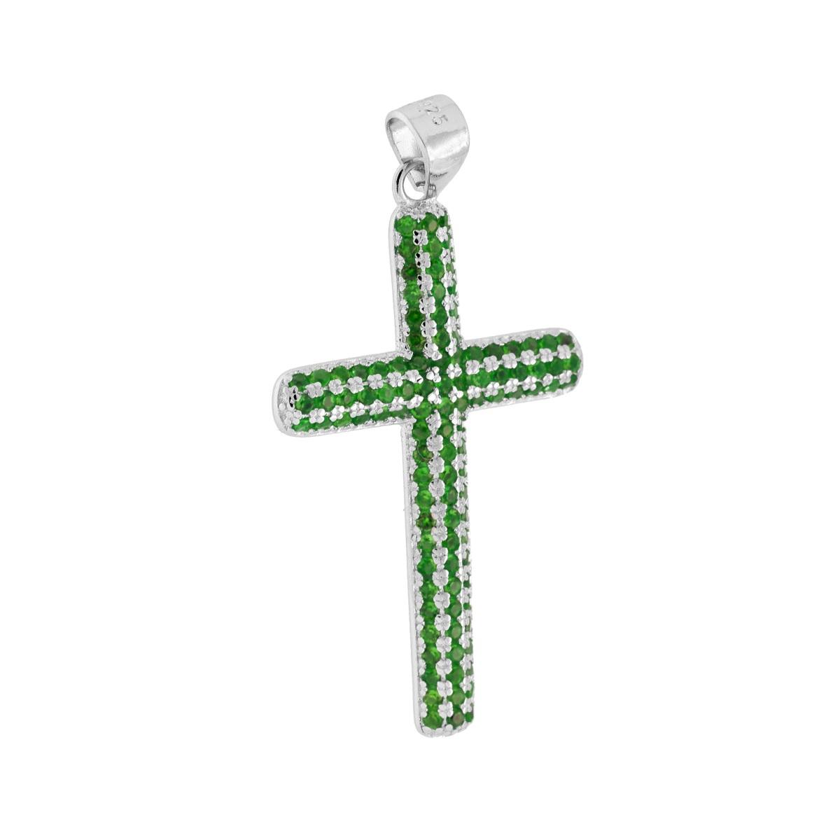 Ciondolo Croce con Cubic Zirconia Verde Smeraldo in ARGENTO 925 Galvanica Rodio