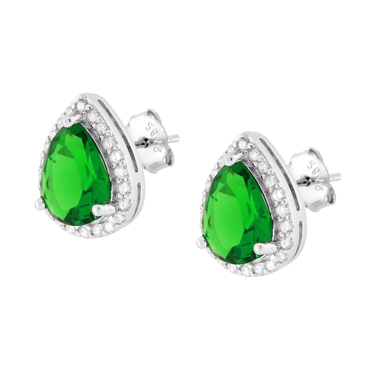 Parure Set Orecchini e Ciondolo Goccia Cubic Zirconia Verde Smeraldo contornato da Cubic Zirconia Bianchi in ARGENTO 925 Galvanica Rodio