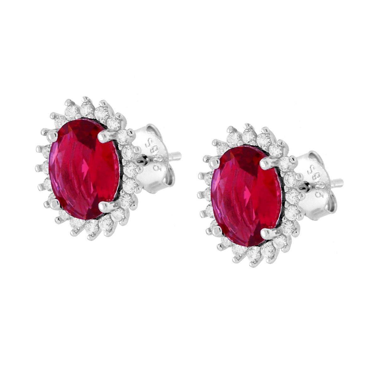 Parure Set Orecchini e Ciondolo Ovale Cubic Zirconia Rosso Rubino contornato da Cubic Zirconia Bianchi in ARGENTO 925 Galvanica Rodio