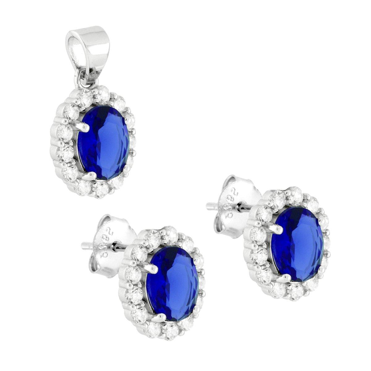 Parure Set Orecchini e Ciondolo Ovale Cubic Zirconia Blu Zaffiro contornato da Cubic Zirconia Bianchi in ARGENTO 925 Galvanica Rodio