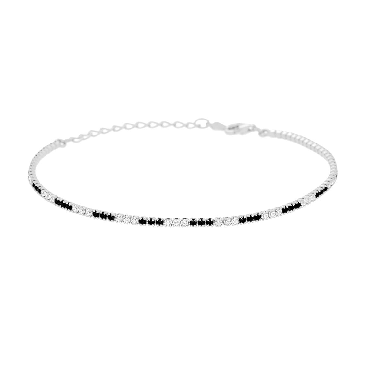 Bracciale Tennis cm 16+3 con Zirconi mm 1.5 alternati Neri e Bianchi in ARGENTO 925 Galvanica Rodio
