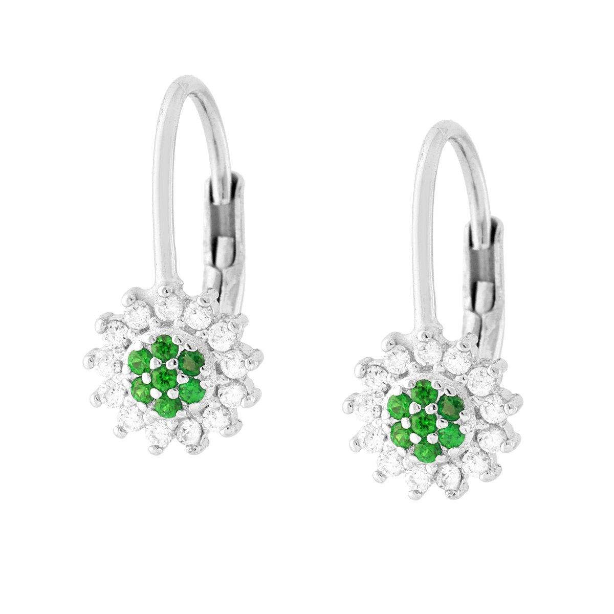 Orecchini Monachella Fiore Verde Smeraldo contornato da Cubic Zirconia Bianchi in ARGENTO 925 Galvanica Rodio