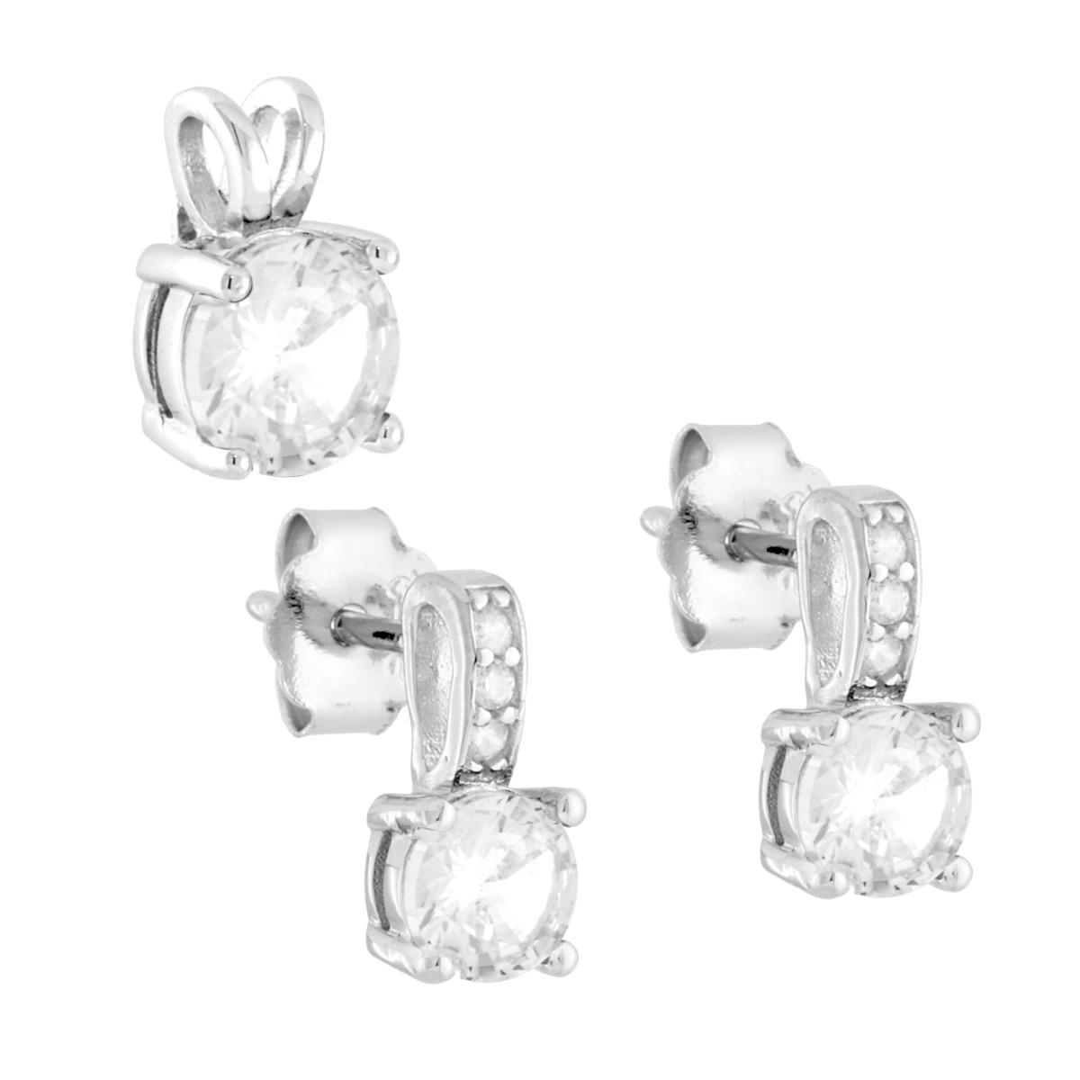 Parure Set Orecchini e Ciondolo Punto Luce Tondo con Cubic Zirconia Bianchi in ARGENTO 925 Galvanica Rodio