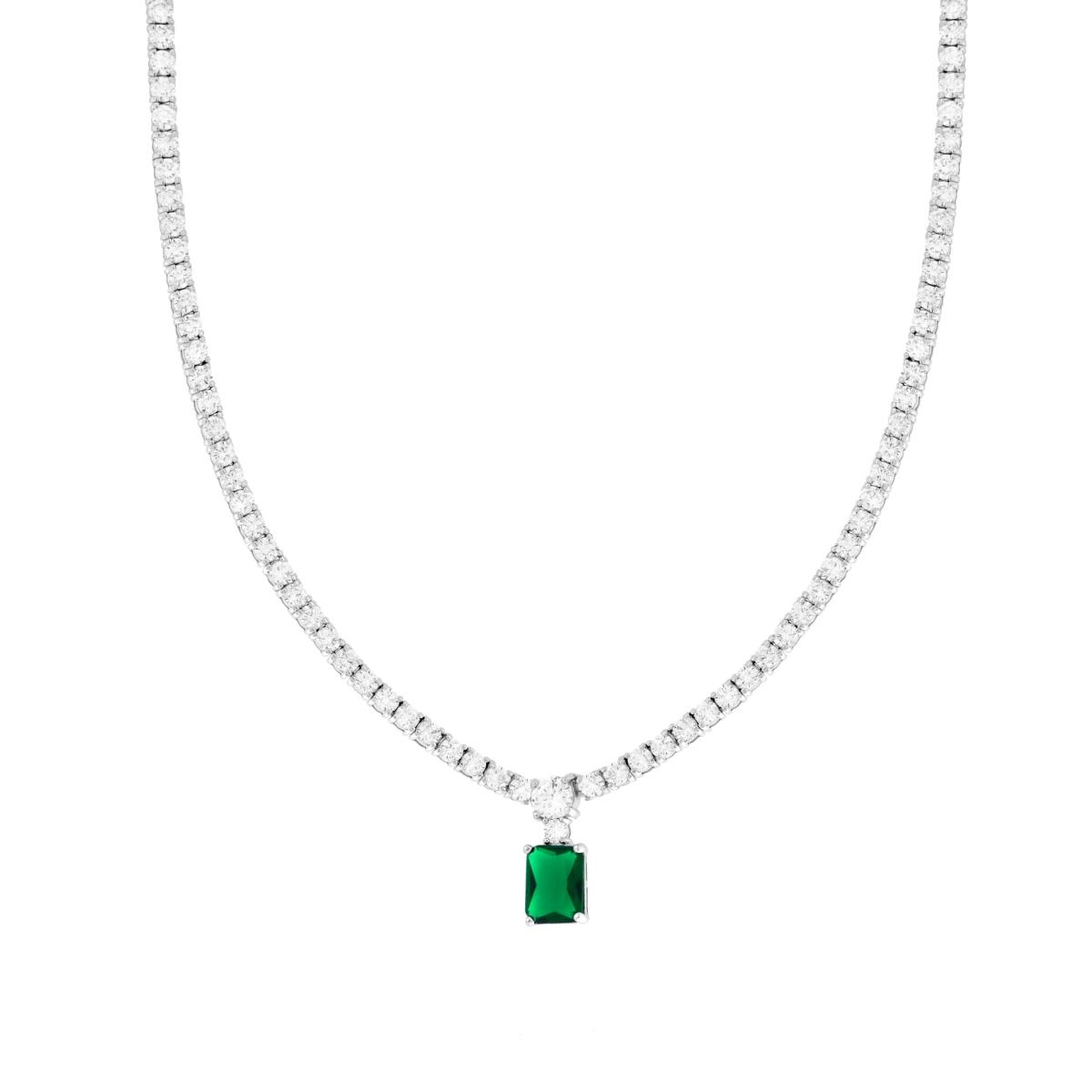 Collana Tennis griffe con Rettangolo Verde Smeraldo e Cubic Zirconia Bianco in ARGENTO 925 Galvanica Rodio