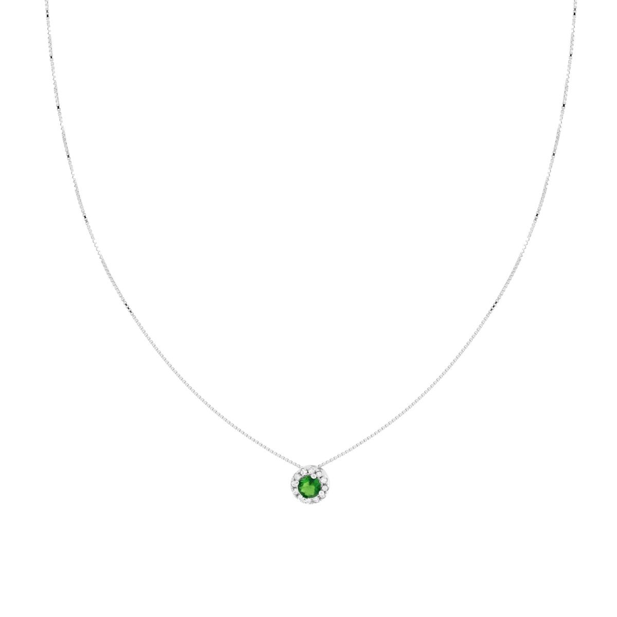 Collana Catena Veneziana Diamantata con Tondo Verde Smeraldo contornato da Cubic Zirconia Bianchi in ARGENTO 925 Galvanica Rodio