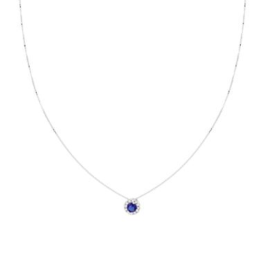 Collana Catena Veneziana Diamantata con Tondo Blu Zaffiro contornato da Cubic Zirconia Bianchi in ARGENTO 925 Galvanica Rodio