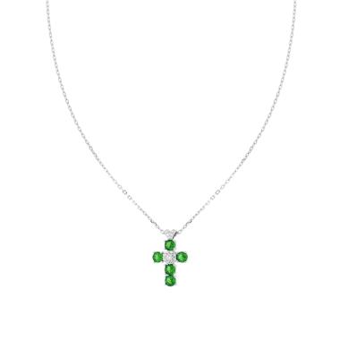 Collana Catena Forzatina Diamantata con Croce Cubic Zirconia Verde Smeraldo e Bianchi in ARGENTO 925 Galvanica Rodio