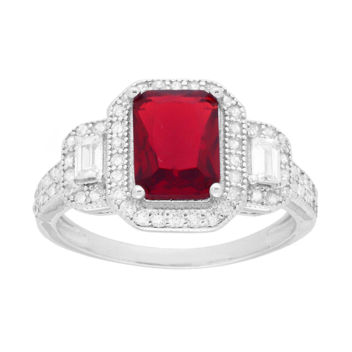 Anello Rettangolo Rosso Rubino contornato da Cubic Zirconia Bianchi Baguette in ARGENTO 925 Galvanica Rodio