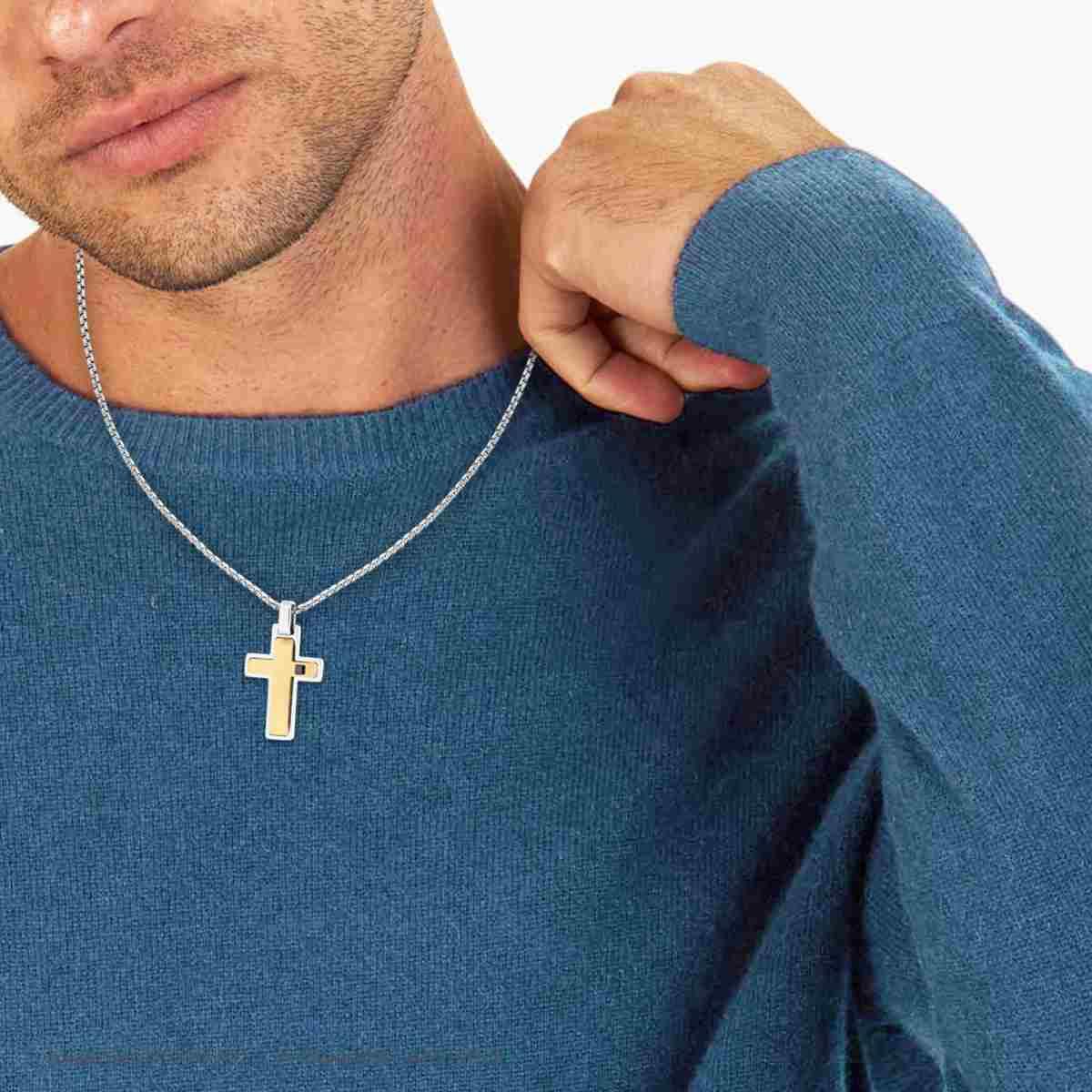 Collana Catena Veneziana Tonda con Croce colore Oro e Cubic Zirconia Nero in ACCIAIO