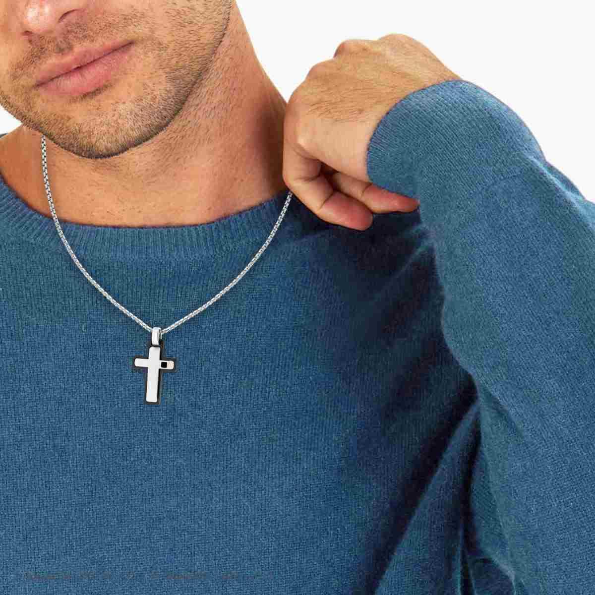 Collana Catena Veneziana Tonda con Croce colore Nero e Cubic Zirconia Nero in ACCIAIO