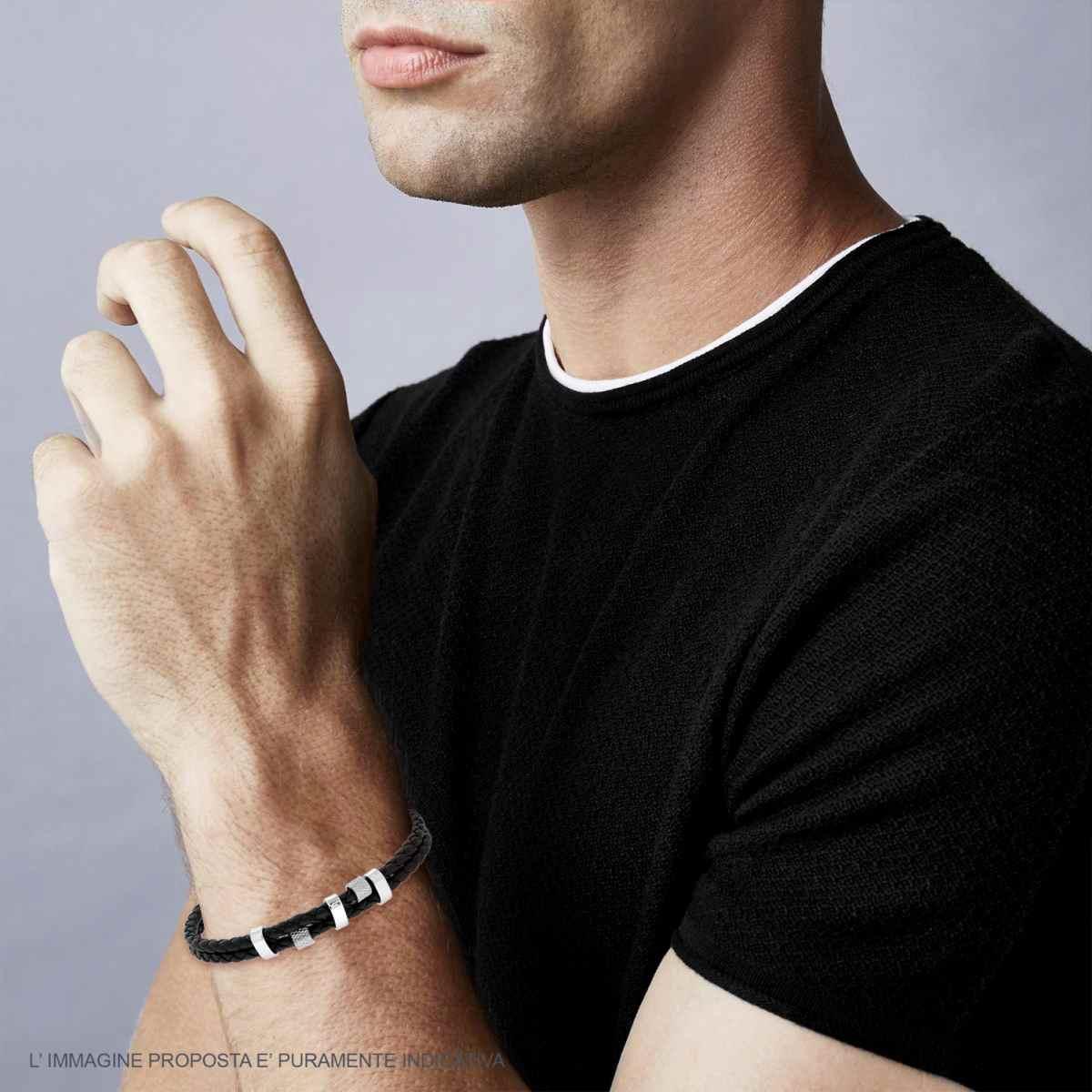 Bracciale Uomo due fili in Ecopelle colore Nero Intrecciata con Accessori in ACCIAIO