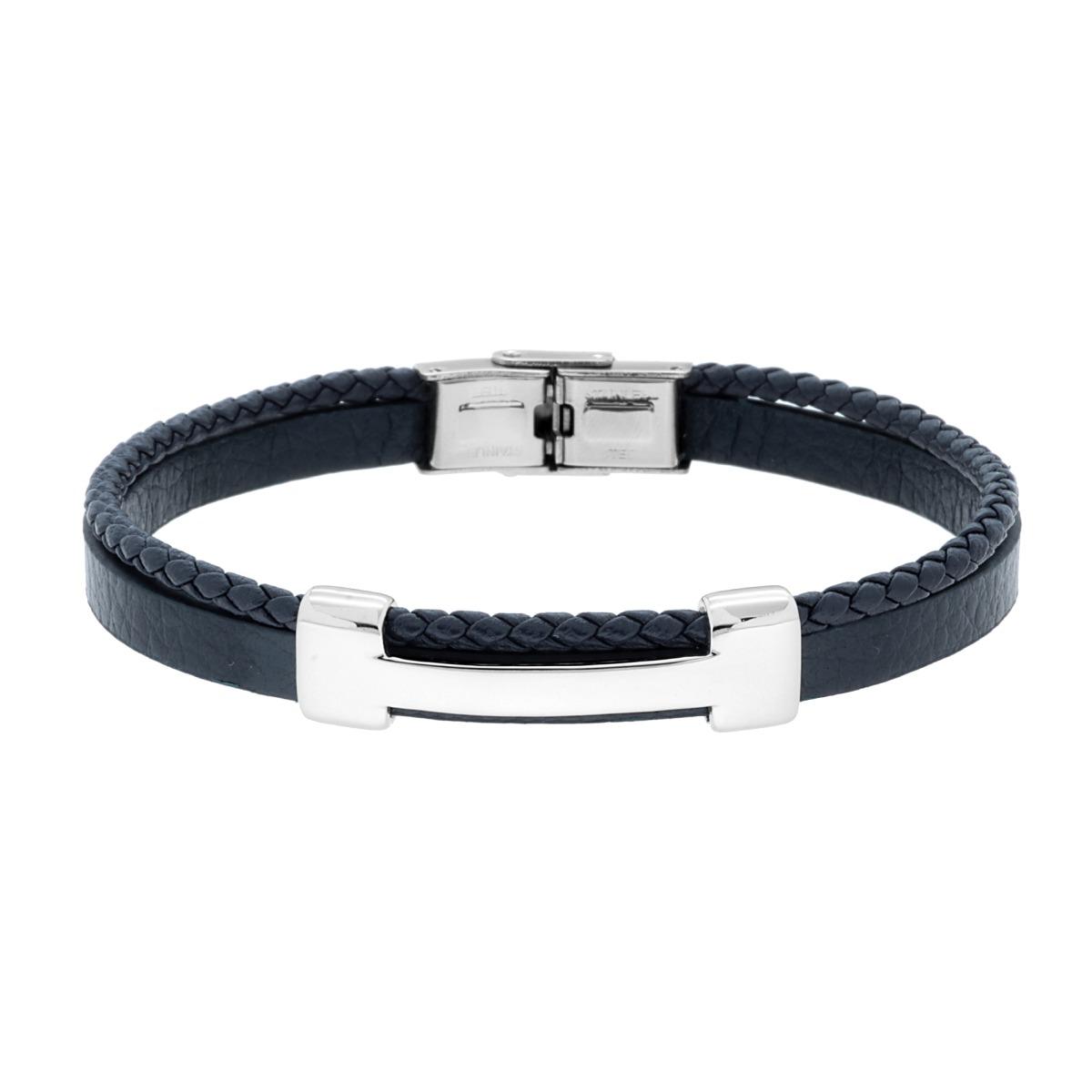 Bracciale Uomo due fili in Ecopelle colore Blu Intrecciata con Targa in ACCIAIO