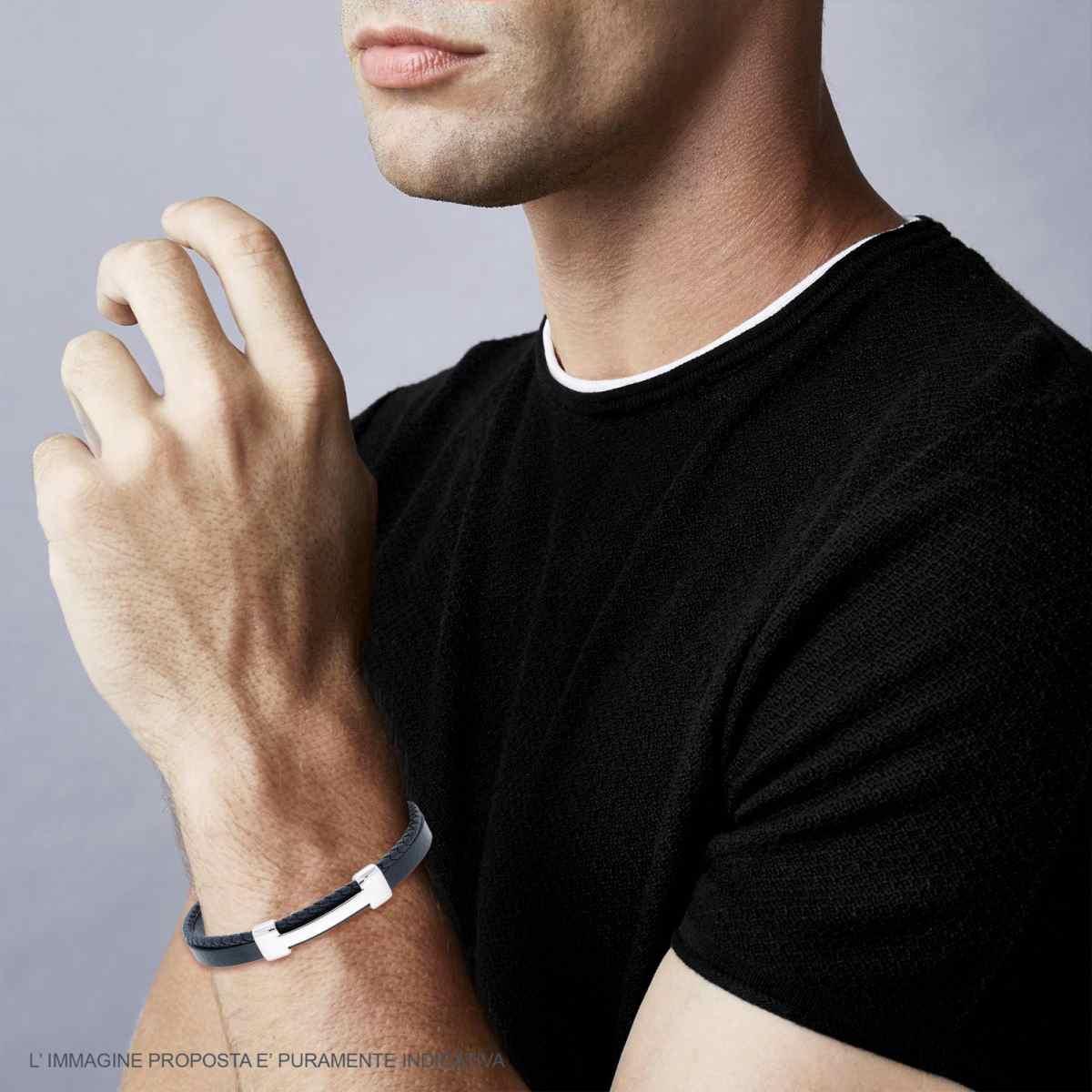 Bracciale Uomo due fili in Ecopelle colore Blu Intrecciata con Targa in ACCIAIO
